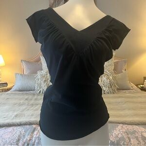 Y2K POOF! Black Rouched V-Neck Cap Sleeves S Figure Flattering Stretch